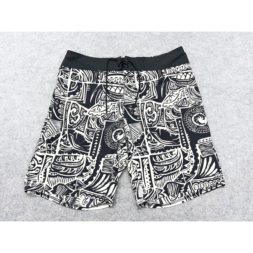Vintage WRV Board Shorts Mens 34 Black Hawaiian Geometric Surf Swim Trunks AOP